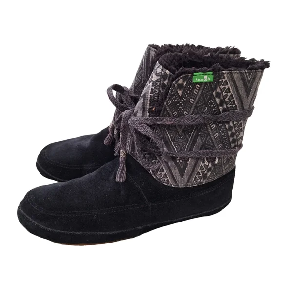 Sanuk Women's Soulshine Chill Black Faux Fur Trim Lace Front Suede Boots 7M - Picture 3 of 9